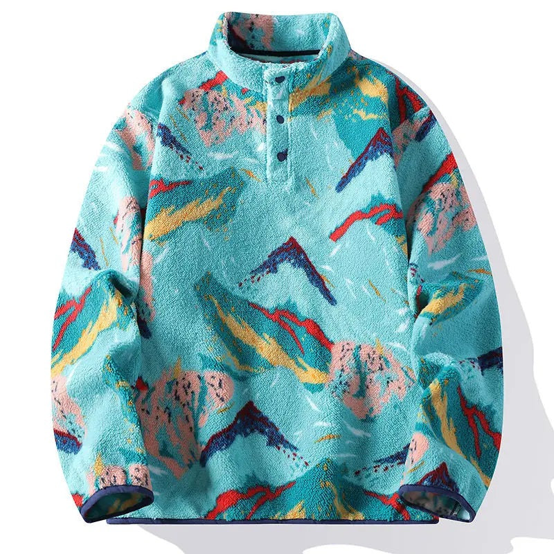 Men's teddy fleece jumper with a mountain print and press studs at the neck - turquoise