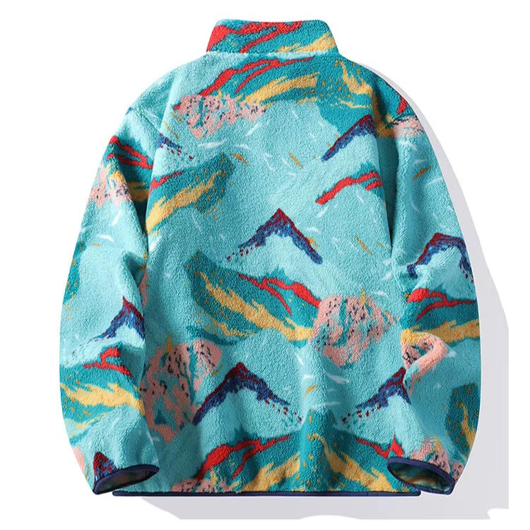 Men's teddy fleece jumper with a mountain print and press studs at the neck - view 2