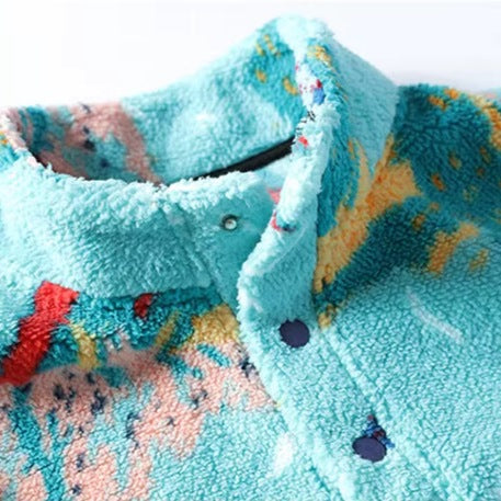 Men's teddy fleece jumper with a mountain print and press studs at the neck - view 3