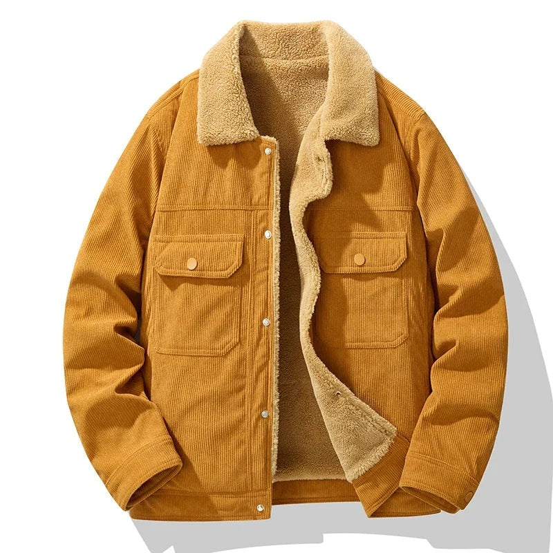 Men's teddy-lined corduroy jacket with a teddy collar and press-stud chest pockets - ochre