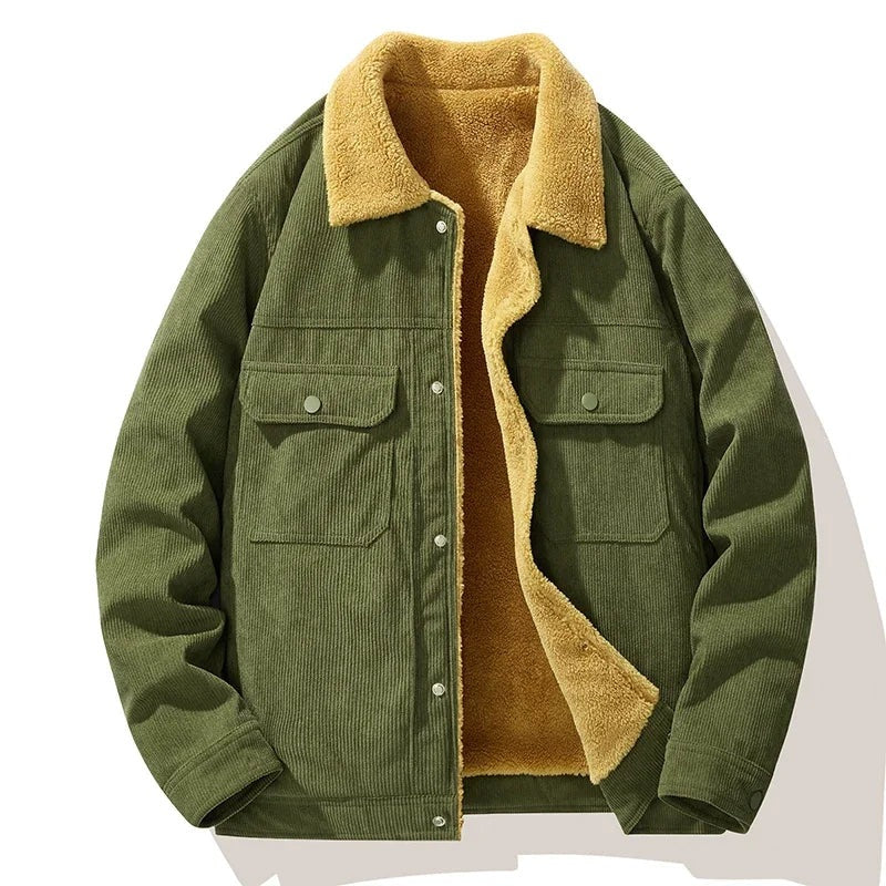 Men's teddy-lined corduroy jacket with a teddy collar and press-stud chest pockets - olive green