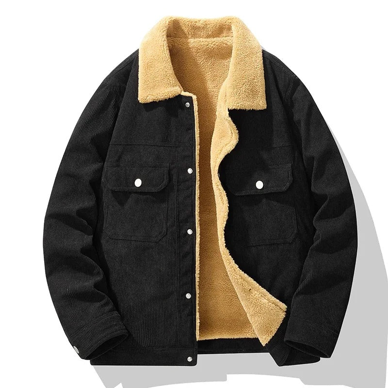 Men's teddy-lined corduroy jacket with a teddy collar and press-stud chest pockets - black