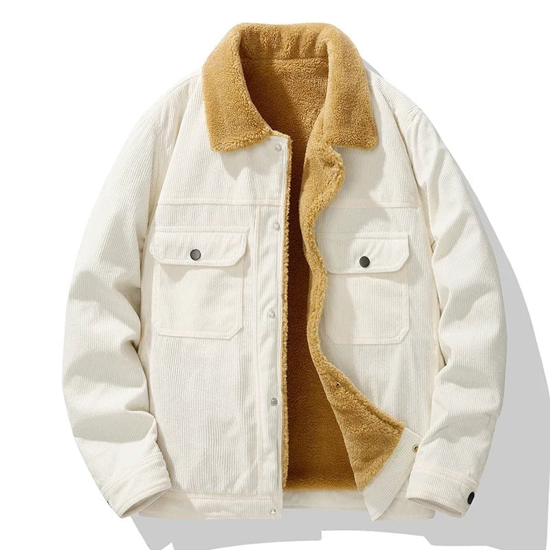 Men's teddy-lined corduroy jacket with a teddy collar and press-stud chest pockets - ecru