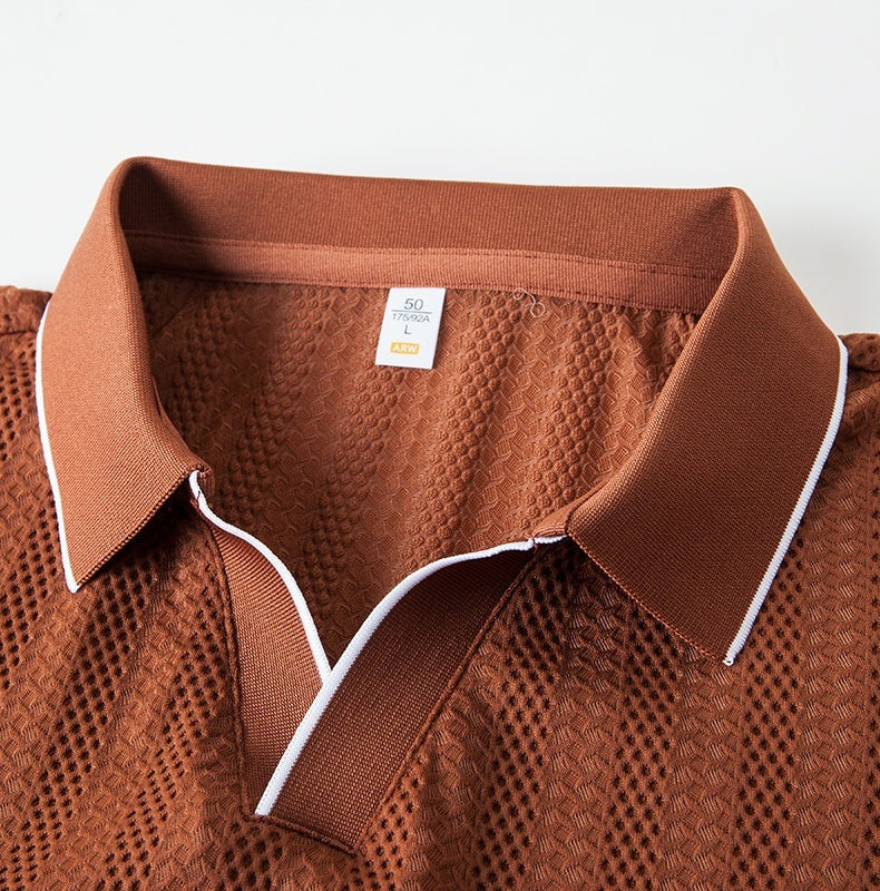 Men's textured knit polo with an open V collar and contrast piping - view 2
