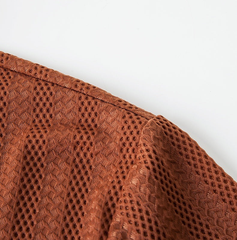 Men's textured knit polo with an open V collar and contrast piping - view 4