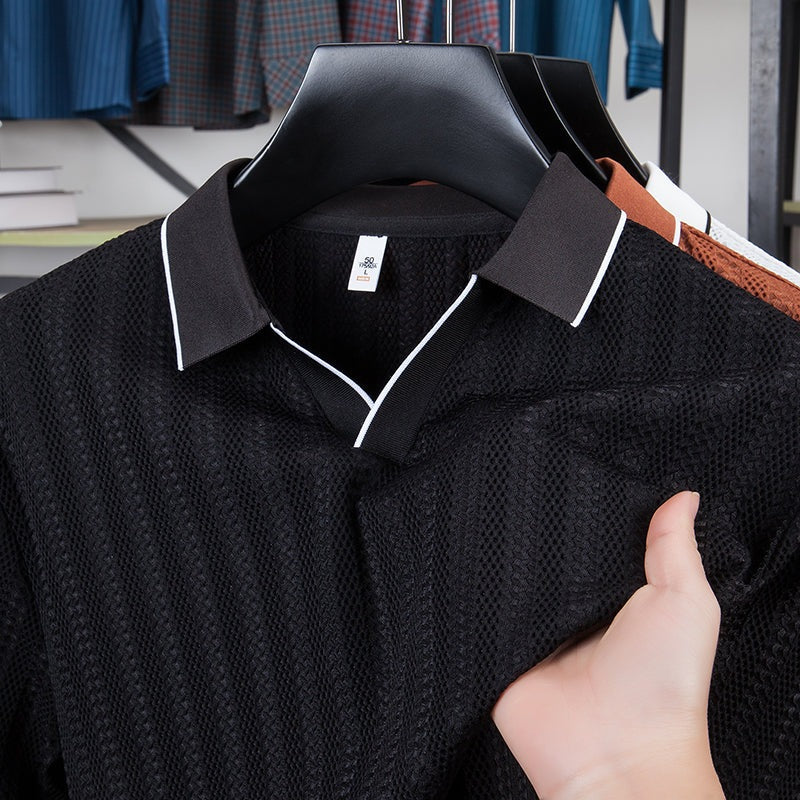 Men's textured knit polo with an open V collar and contrast piping - view 8