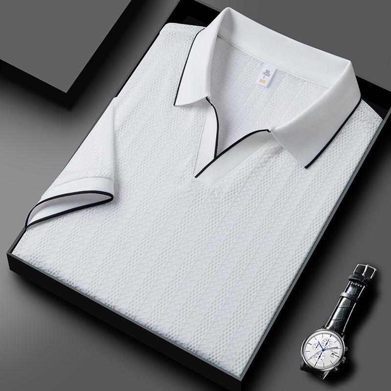 Men's textured knit polo with an open V collar and contrast piping - white