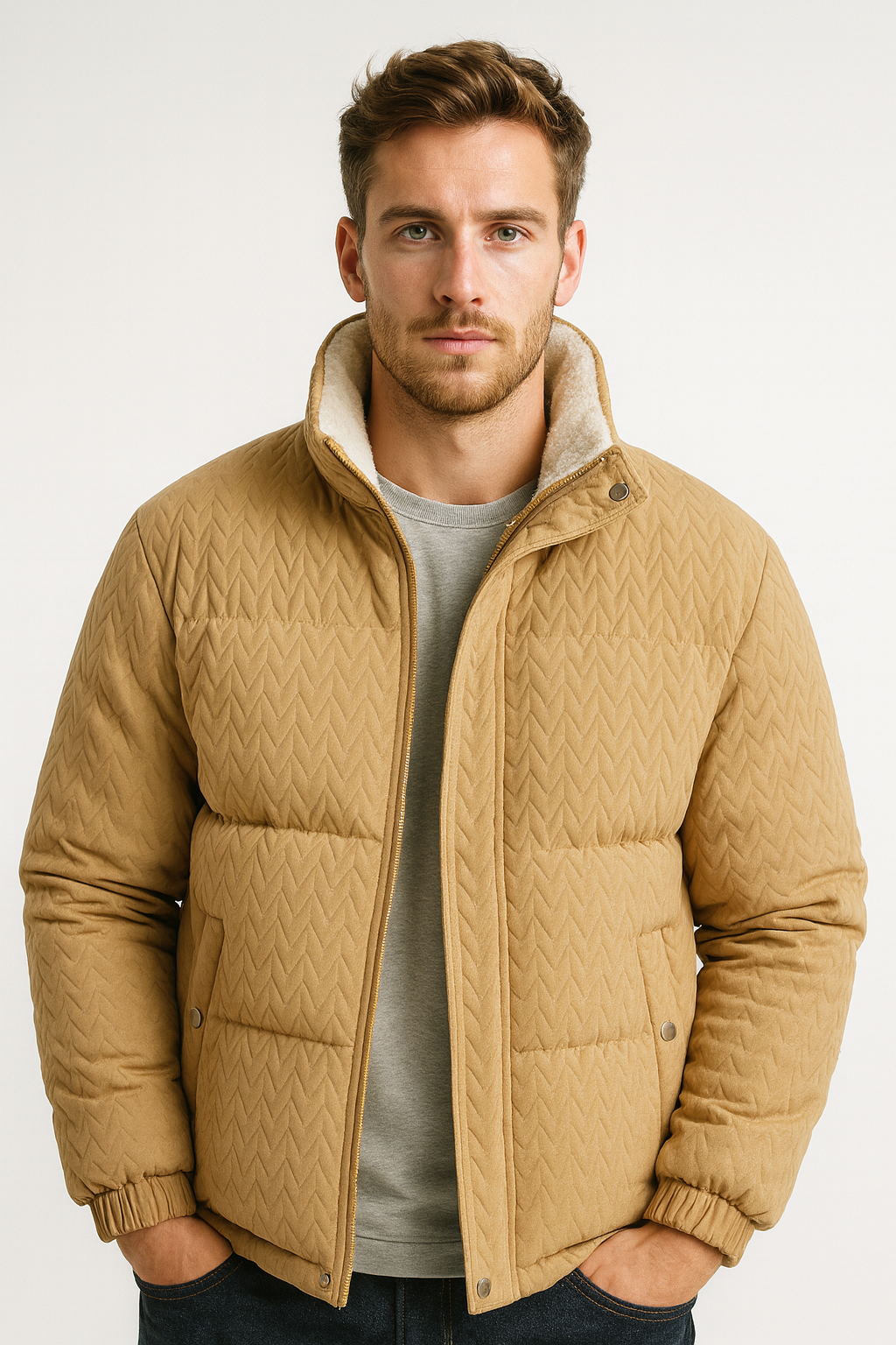 Men's textured puffer jacket with teddy fleece lining