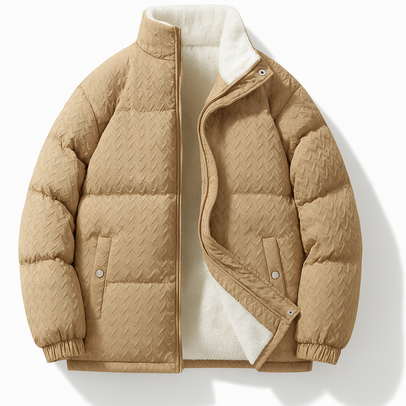 Men's textured puffer jacket with teddy fleece lining - camel