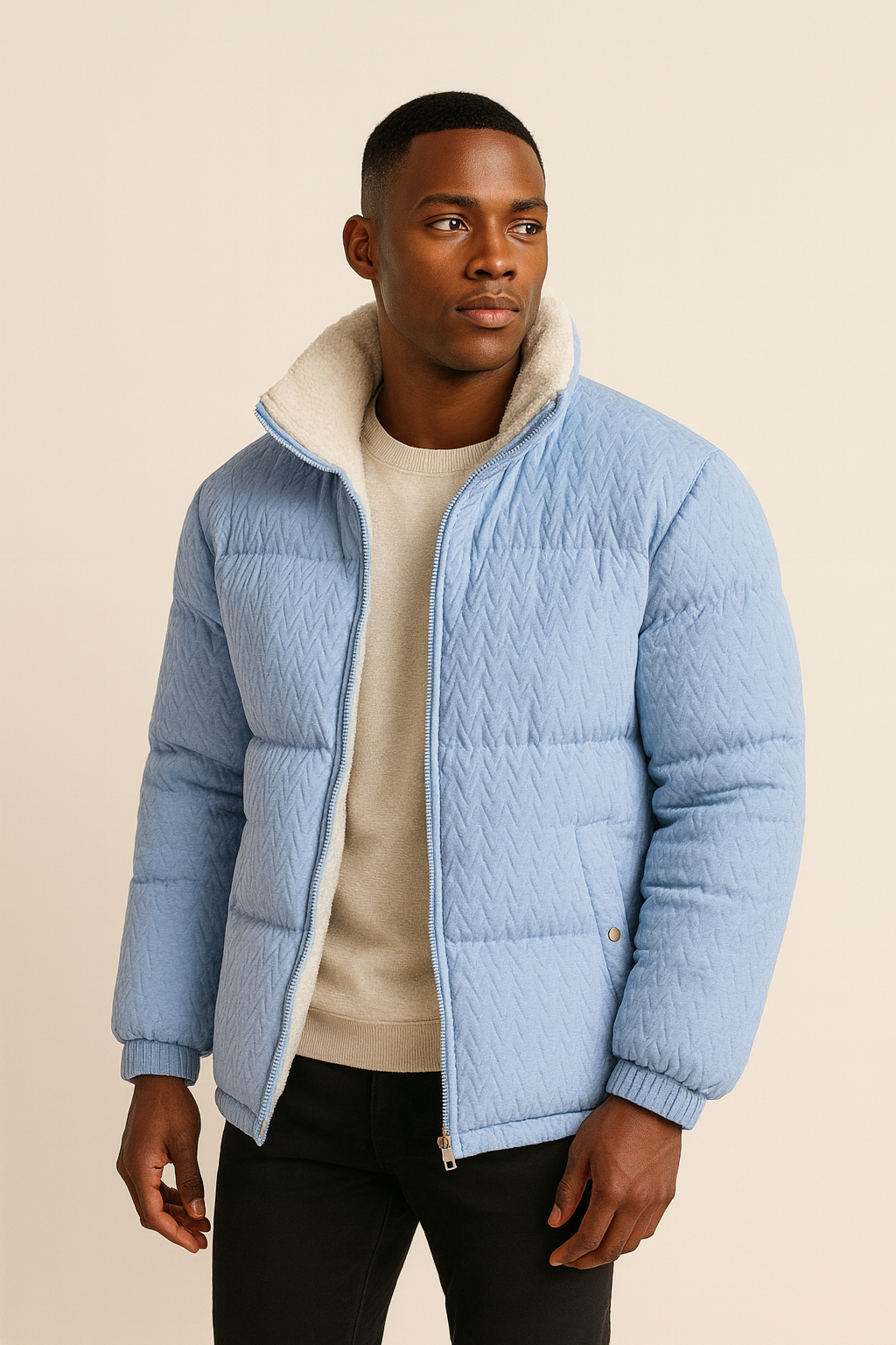 Men's textured puffer jacket with teddy fleece lining