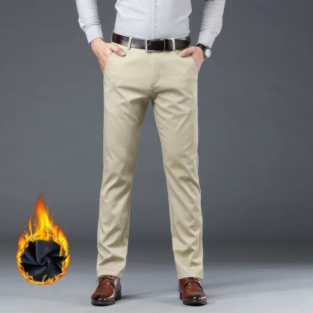 Men's thermal-lined chino trousers with belt loops and slanted pockets - light beige