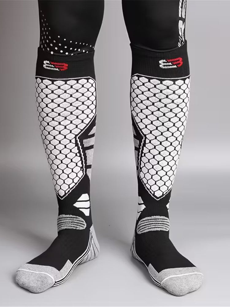 Men's thick knee-high ski socks with a honeycomb knit panel on the shin - view 2