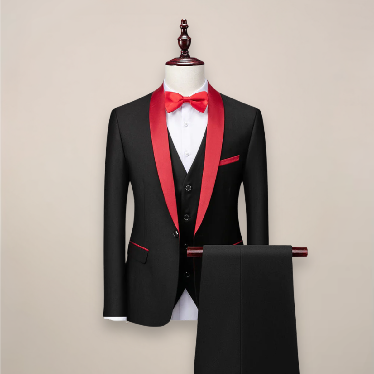Three-piece tuxedo for men with contrast shawl lapels, one-button jacket, waistcoat and trousers - black/red