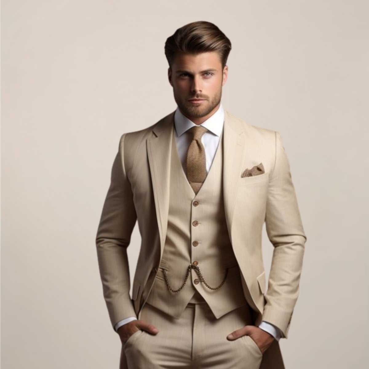 Three-piece wedding suit for men with jacket, five-button V-neck waistcoat and matching trousers - beige