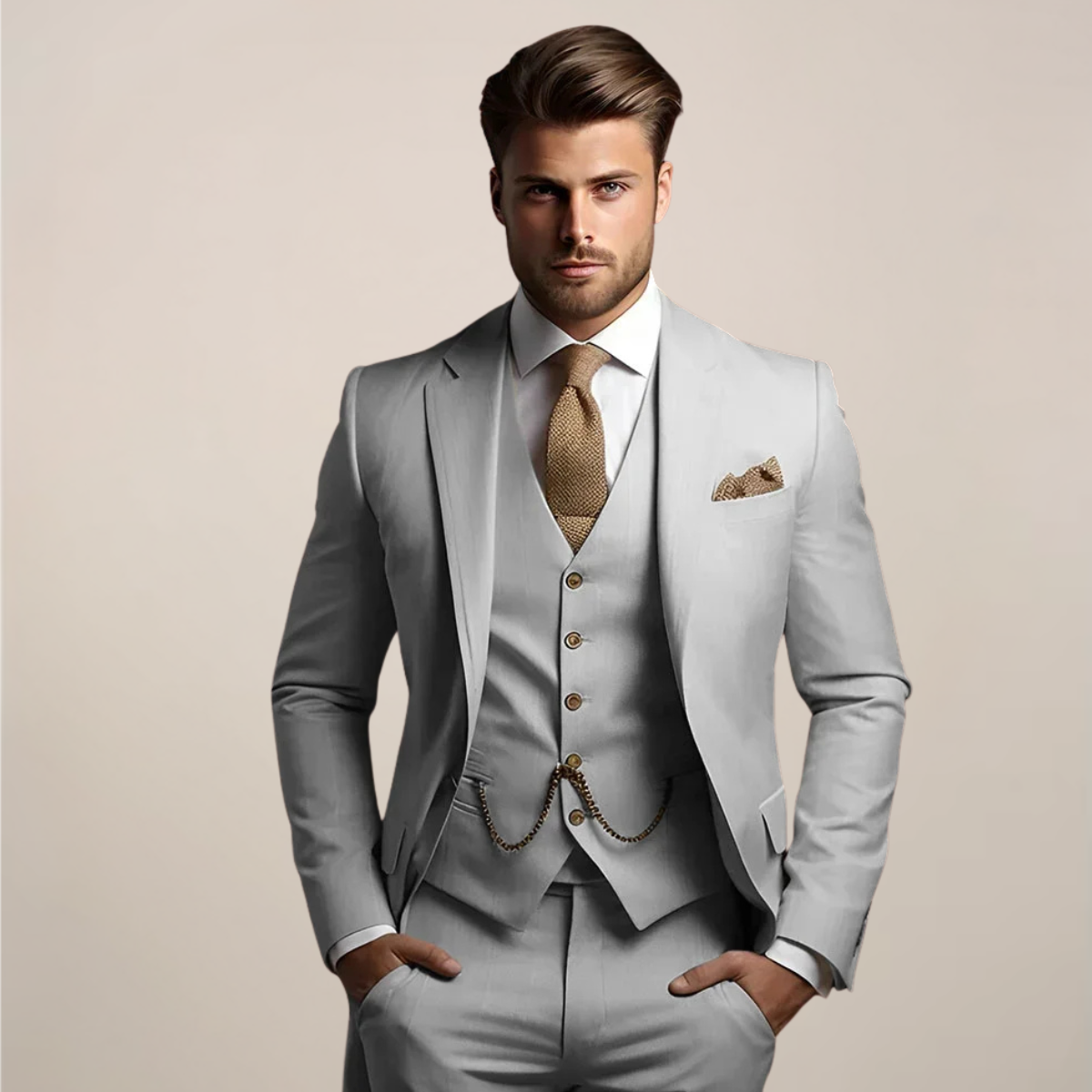 Three-piece wedding suit for men with jacket, five-button V-neck waistcoat and matching trousers - light grey