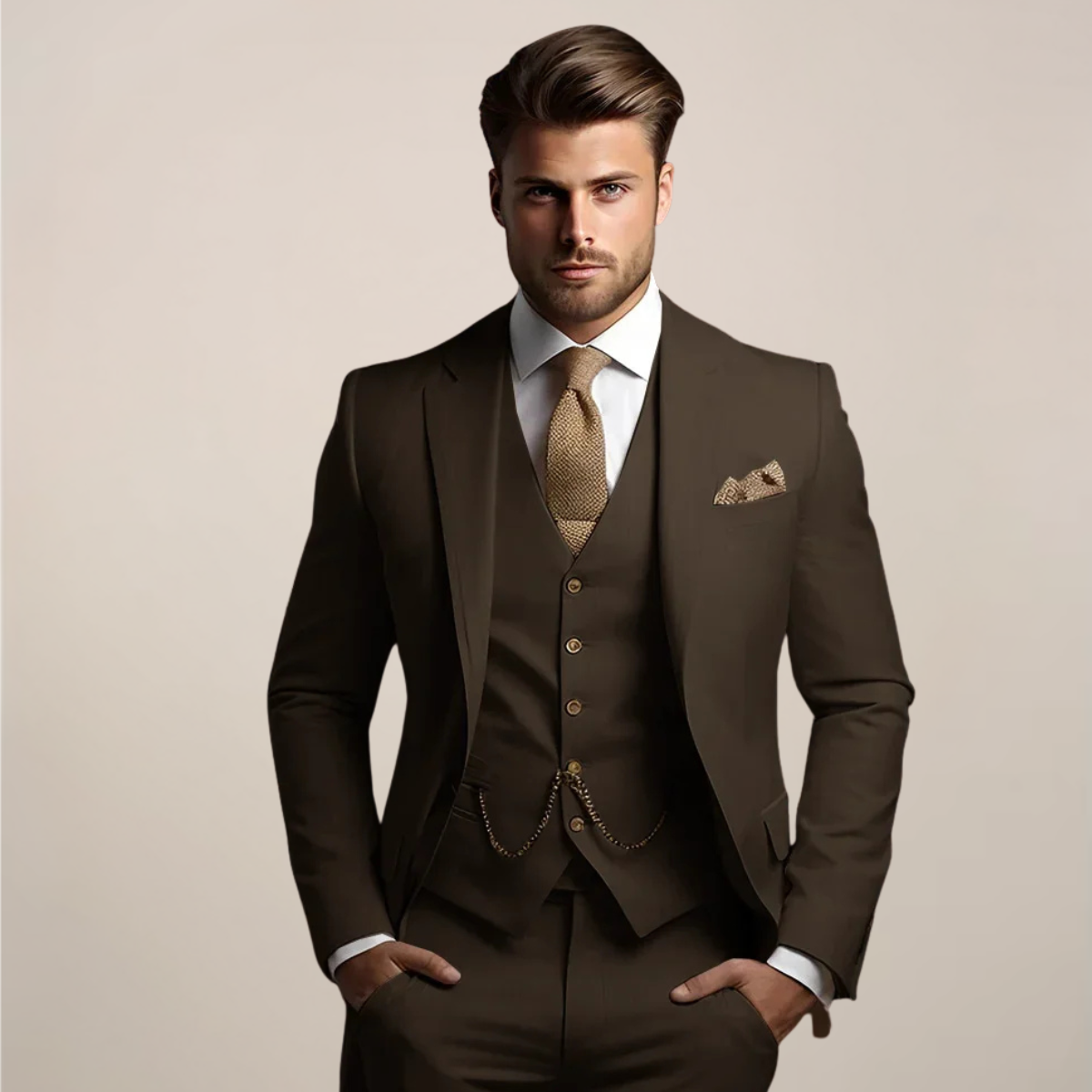 Three-piece wedding suit for men with jacket, five-button V-neck waistcoat and matching trousers - dark brown