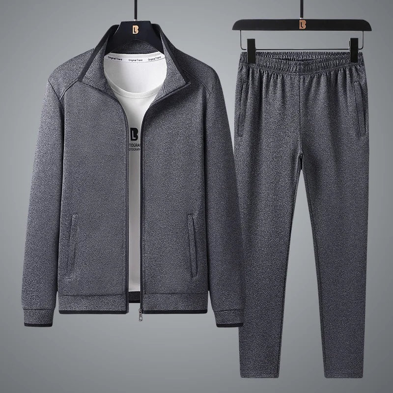 Men's two-piece tracksuit with a zip-through jacket, stand collar and joggers - grey marl