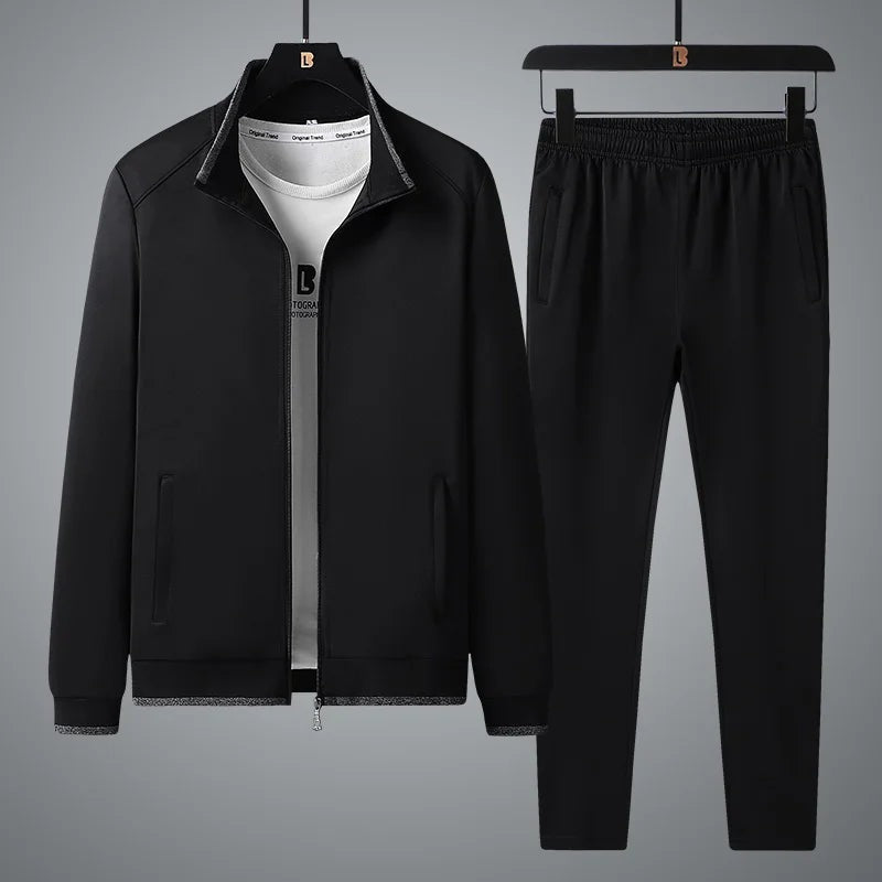 Men's two-piece tracksuit with a zip-through jacket, stand collar and joggers - black