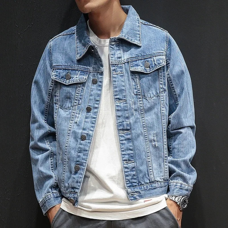 Men's trucker denim jacket with light distressing and flap chest pockets - light blue