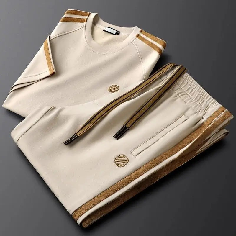 Men's two-piece set with a T-shirt and straight trousers with gold-tone side stripes - cream
