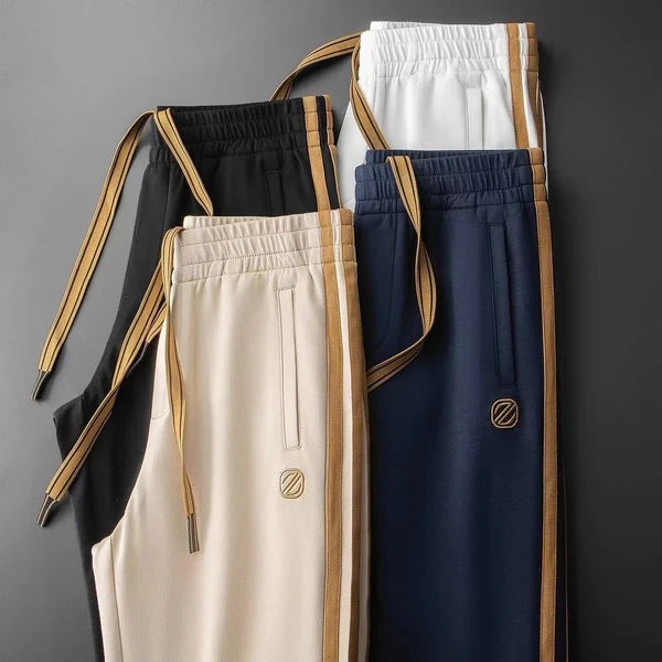 Men's two-piece set with a T-shirt and straight trousers with gold-tone side stripes - view 10