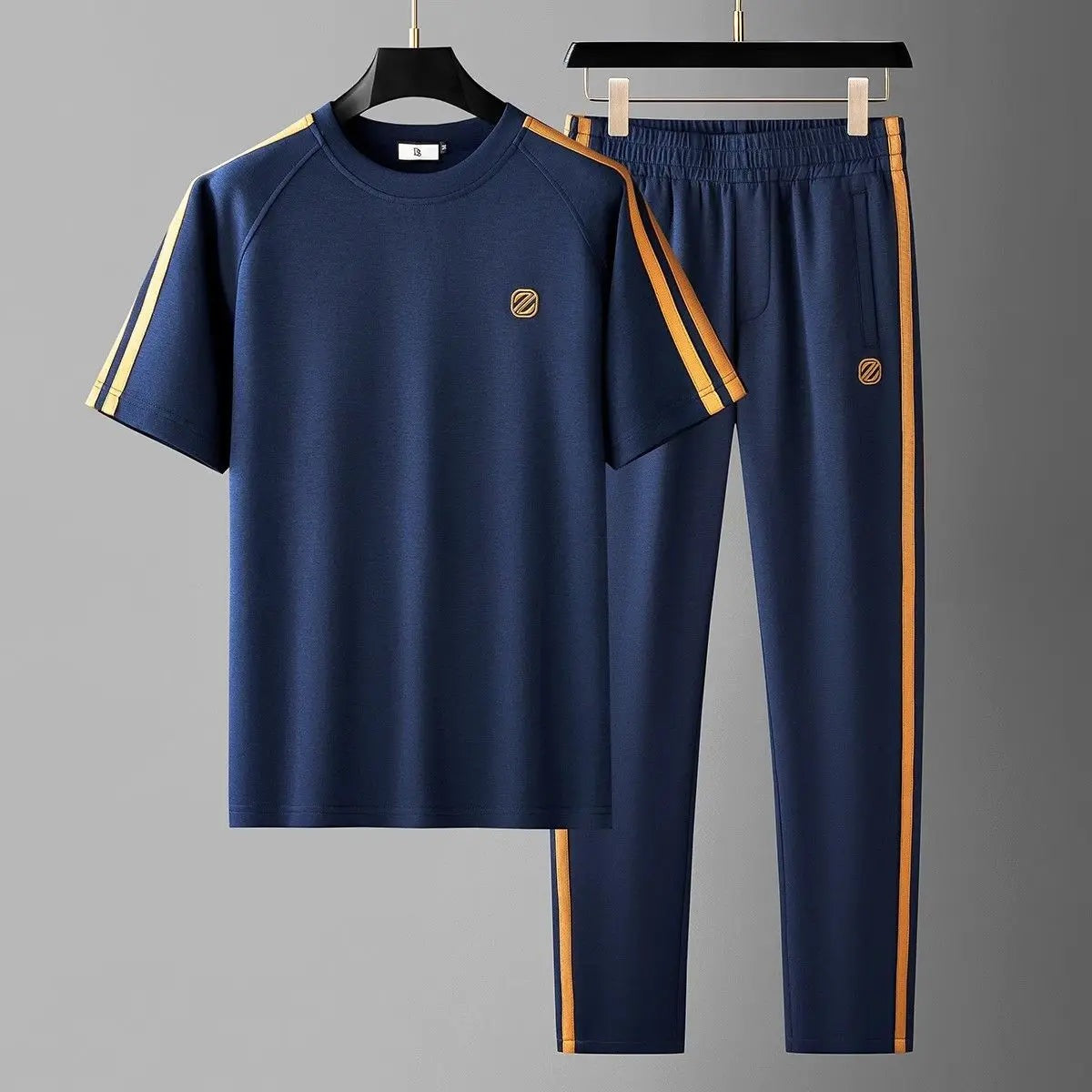Men's two-piece set with a T-shirt and straight trousers with gold-tone side stripes - view 5