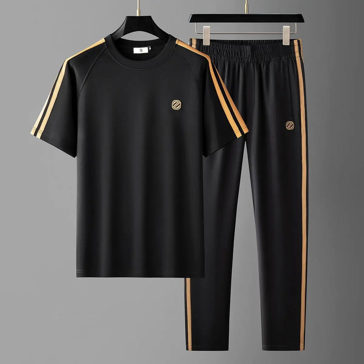 Men's two-piece set with a T-shirt and straight trousers with gold-tone side stripes - view 8