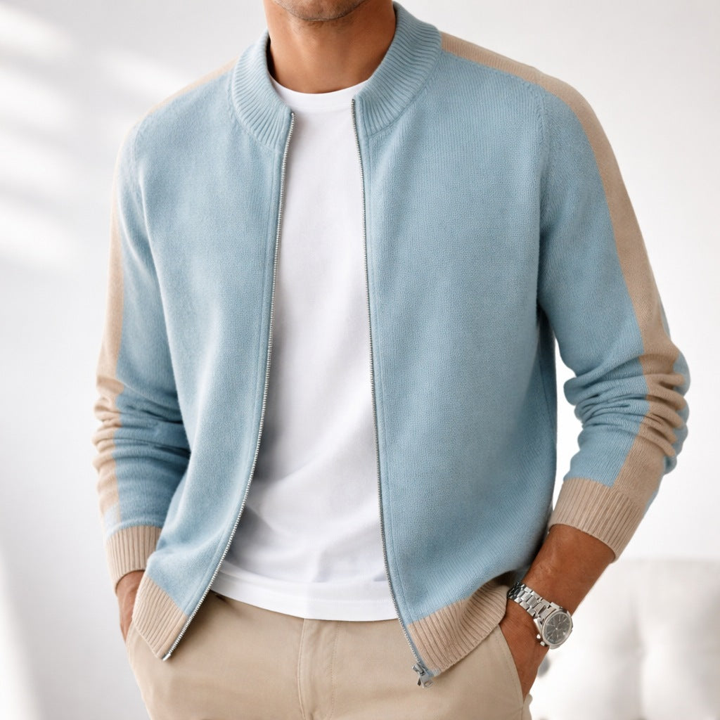 Men's two-tone knitted zip cardigan with a ribbed stand collar - view 2
