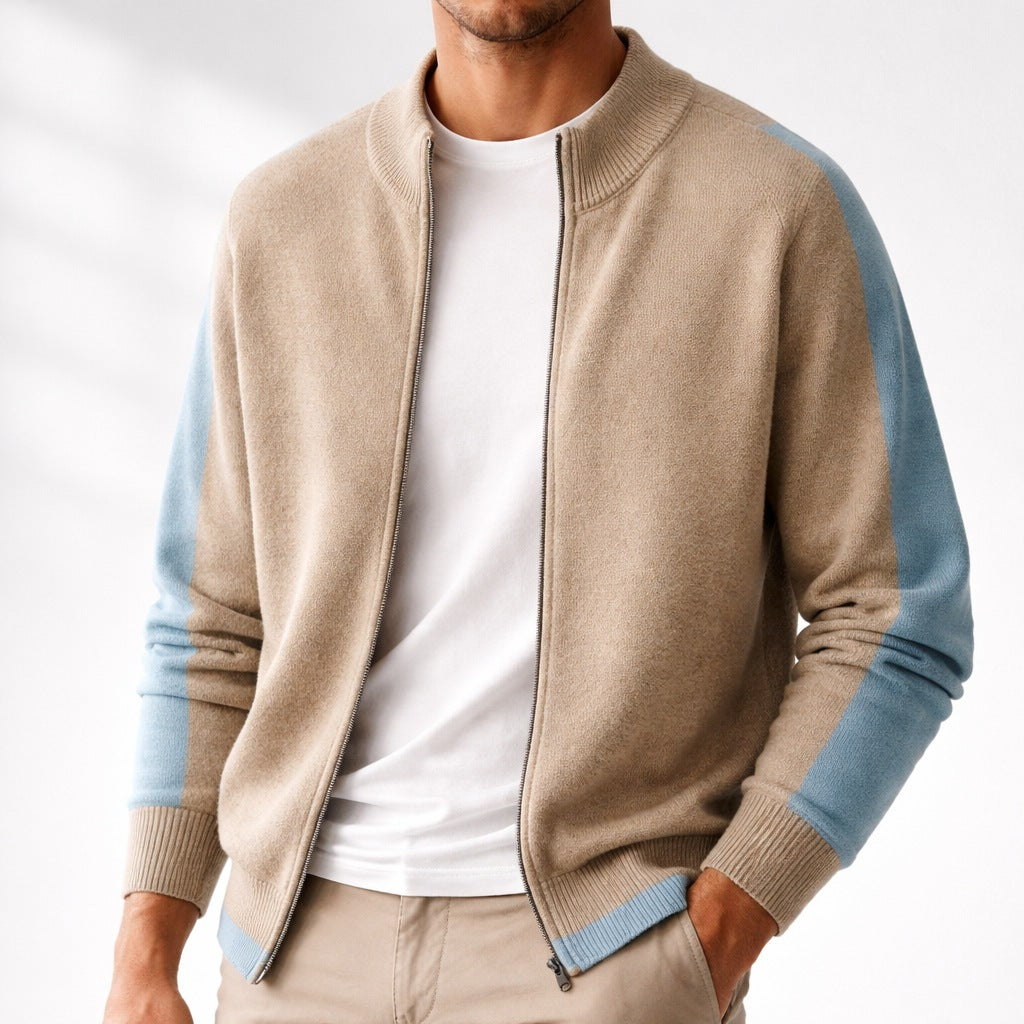 Men's two-tone knitted zip cardigan with a ribbed stand collar - view 5