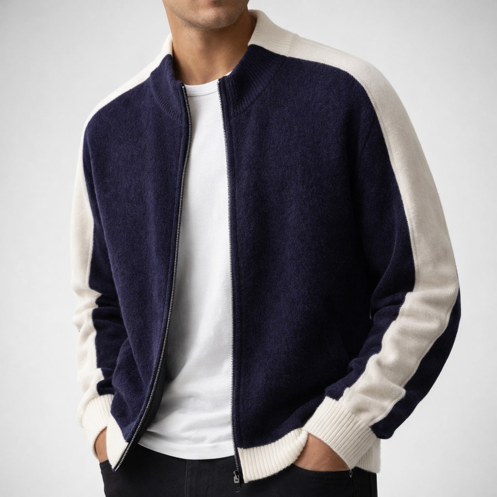 Men's two-tone knitted zip cardigan with a ribbed stand collar - view 7
