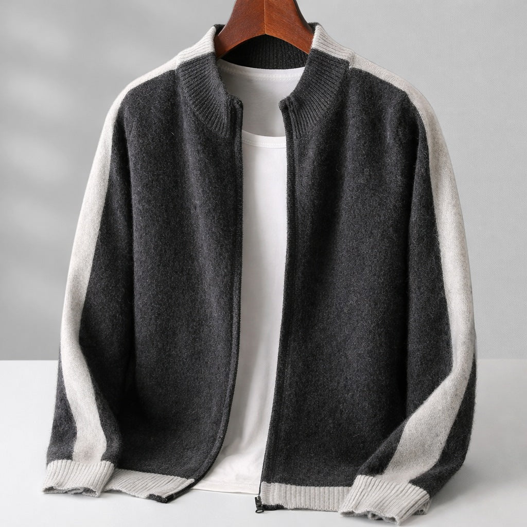 Men's two-tone knitted zip cardigan with a ribbed stand collar - charcoal