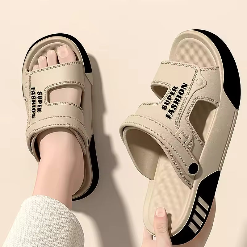 EVA sliders with two wide bands, a pivoting heel strap and two-tone sole - view 2