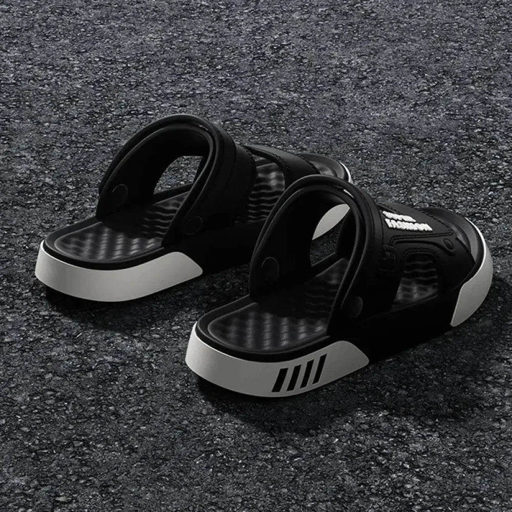 EVA sliders with two wide bands, a pivoting heel strap and two-tone sole - view 3