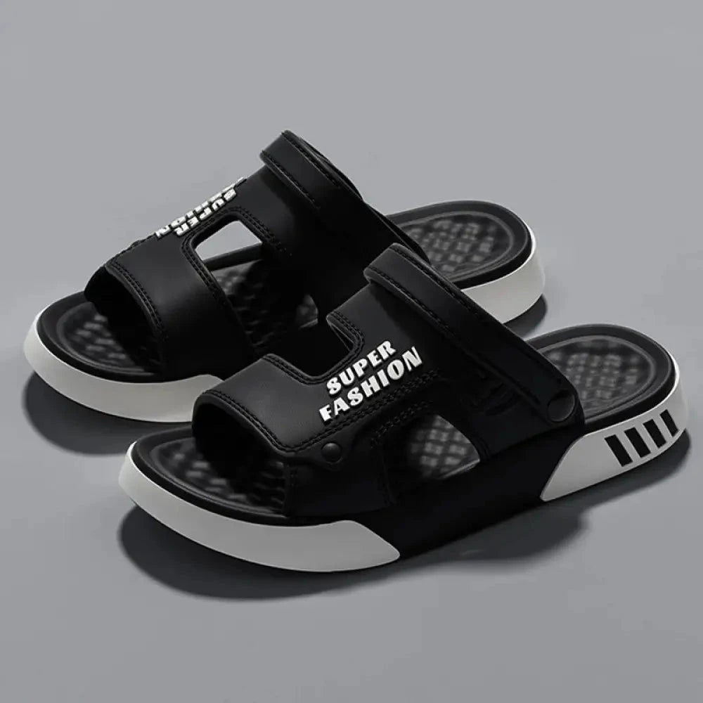 EVA sliders with two wide bands, a pivoting heel strap and two-tone sole - view 4