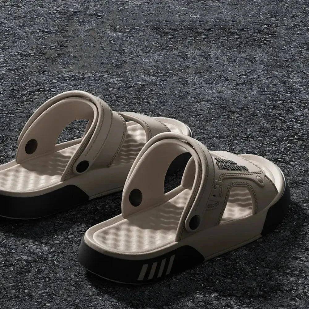 EVA sliders with two wide bands, a pivoting heel strap and two-tone sole - view 5