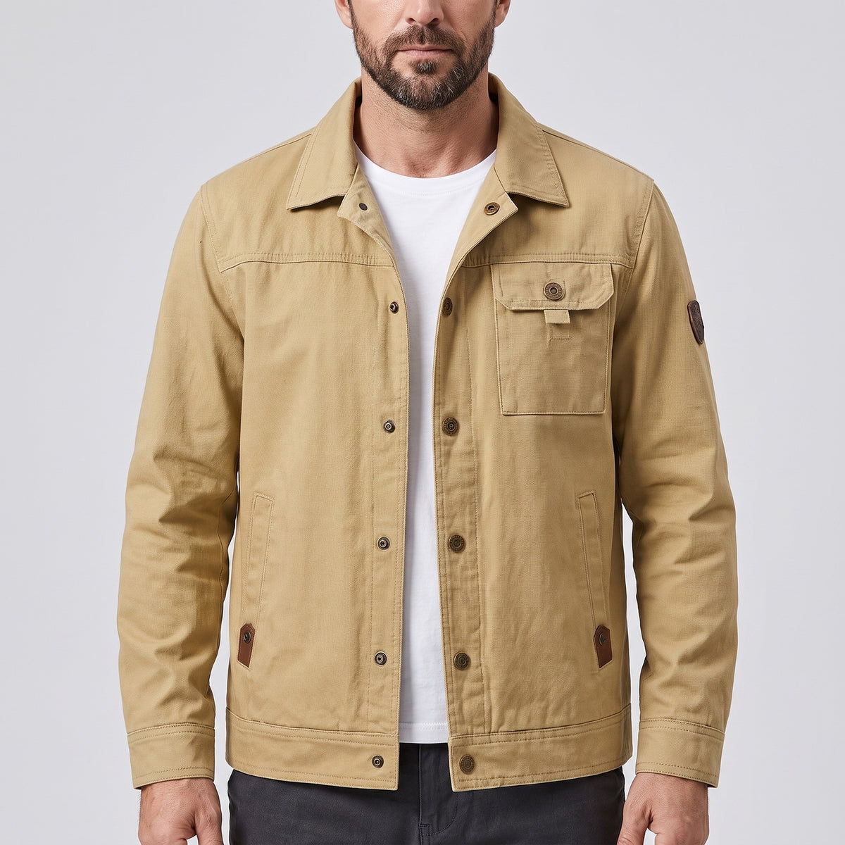 Men's utility jacket with snap buttons and a flap chest pocket - khaki