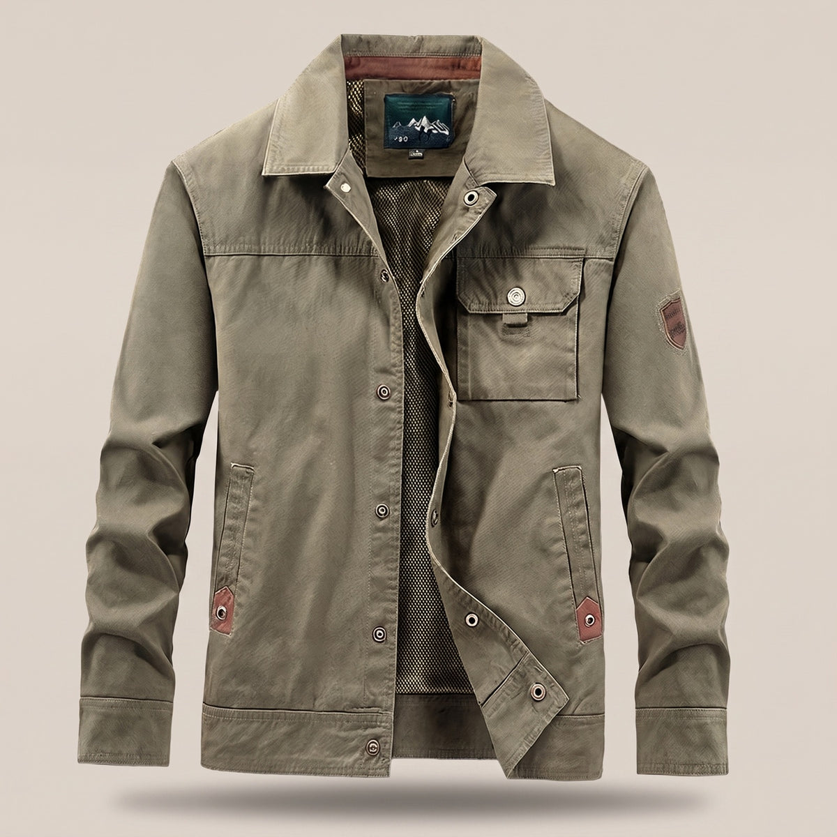 Men's utility jacket with snap buttons and a flap chest pocket - olive green