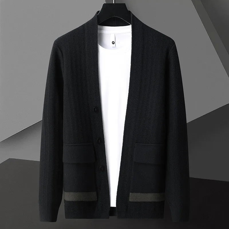 Men's knitted V-neck cardigan with three buttons and flap pockets with a contrast stripe - black