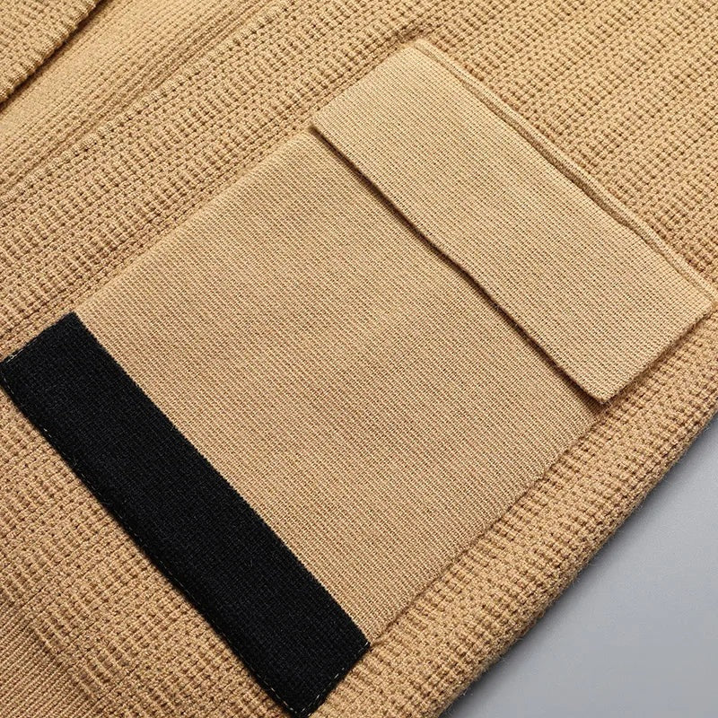 Men's knitted V-neck cardigan with three buttons and flap pockets with a contrast stripe - view 6