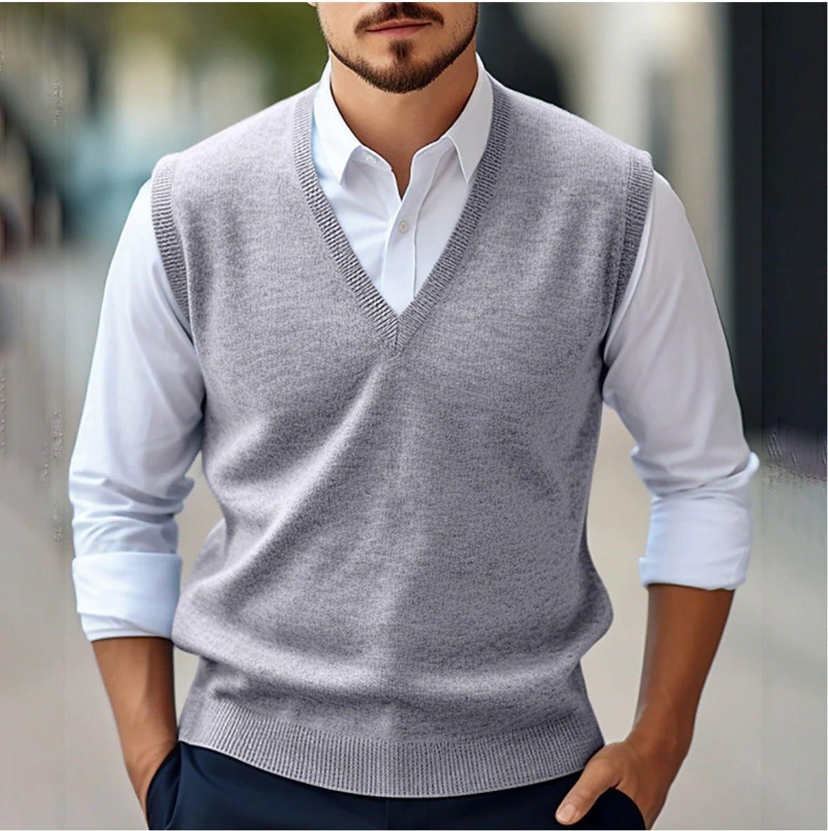 Men's sleeveless V-neck knitted slipover with ribbed trims - light grey