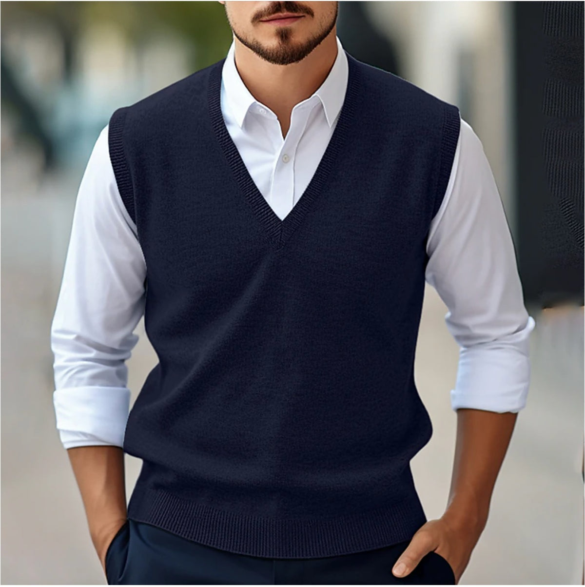 Men's sleeveless V-neck knitted slipover with ribbed trims - navy