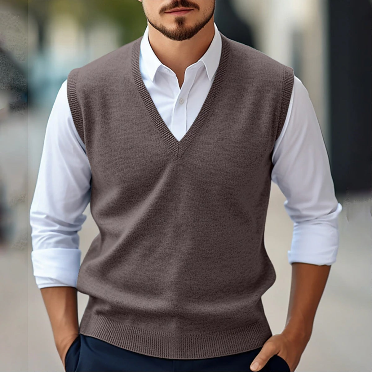 Men's sleeveless V-neck knitted slipover with ribbed trims - taupe