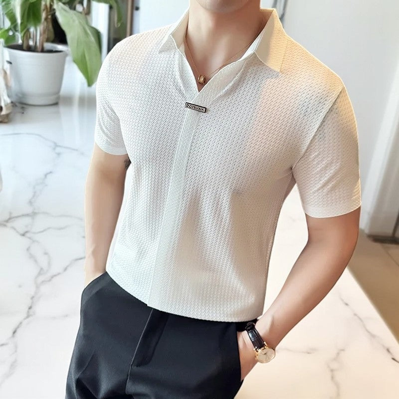 Men's slim fit V-neck polo with a shirt collar and concealed placket - white