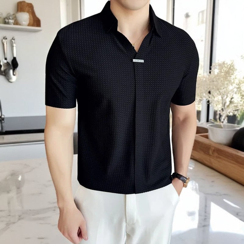Men's slim fit V-neck polo with a shirt collar and concealed placket - black