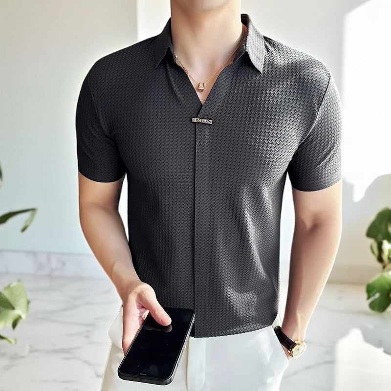 Men's slim fit V-neck polo with a shirt collar and concealed placket - charcoal