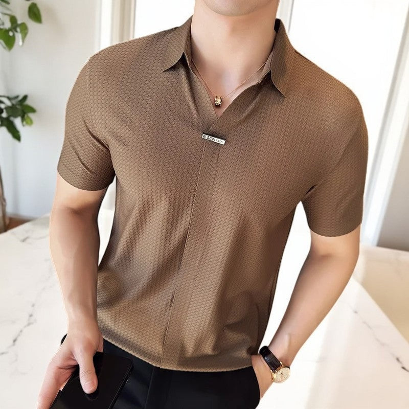Men's slim fit V-neck polo with a shirt collar and concealed placket - brown