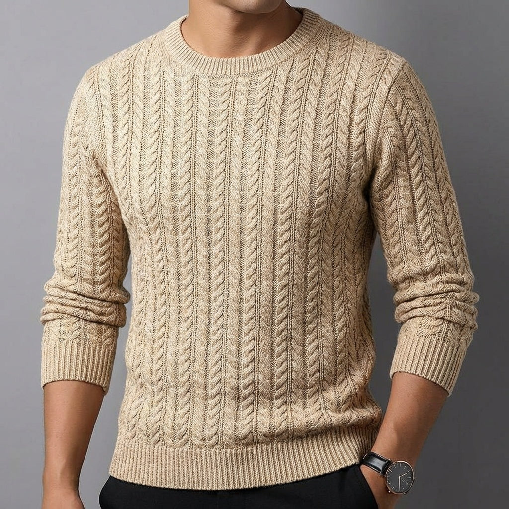 Men's crew neck jumper in a vertical cable knit with ribbed trims - view 2