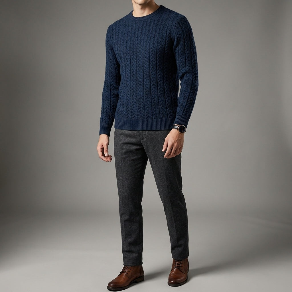 Men's crew neck jumper in a vertical cable knit with ribbed trims - view 4