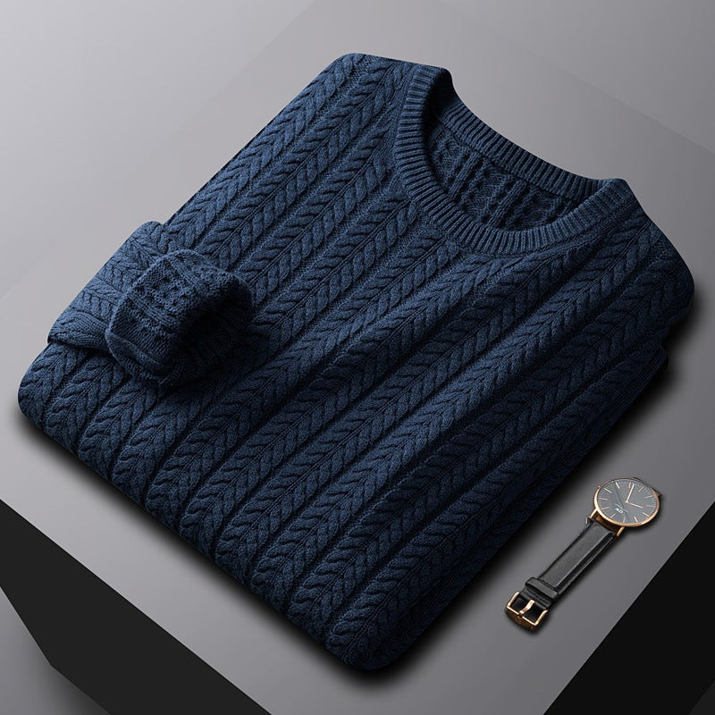 Men's crew neck jumper in a vertical cable knit with ribbed trims - navy