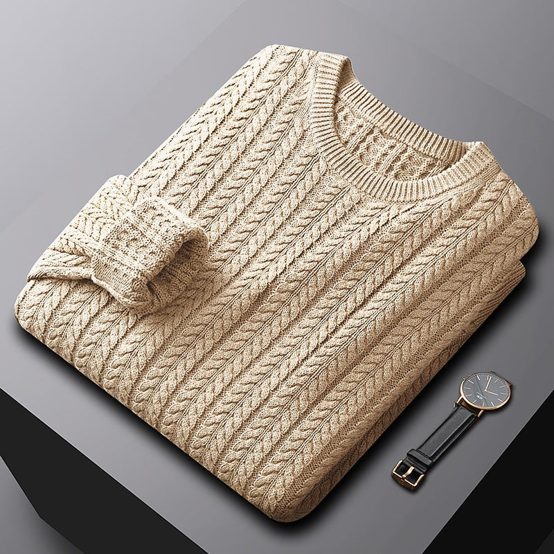 Men's crew neck jumper in a vertical cable knit with ribbed trims - beige